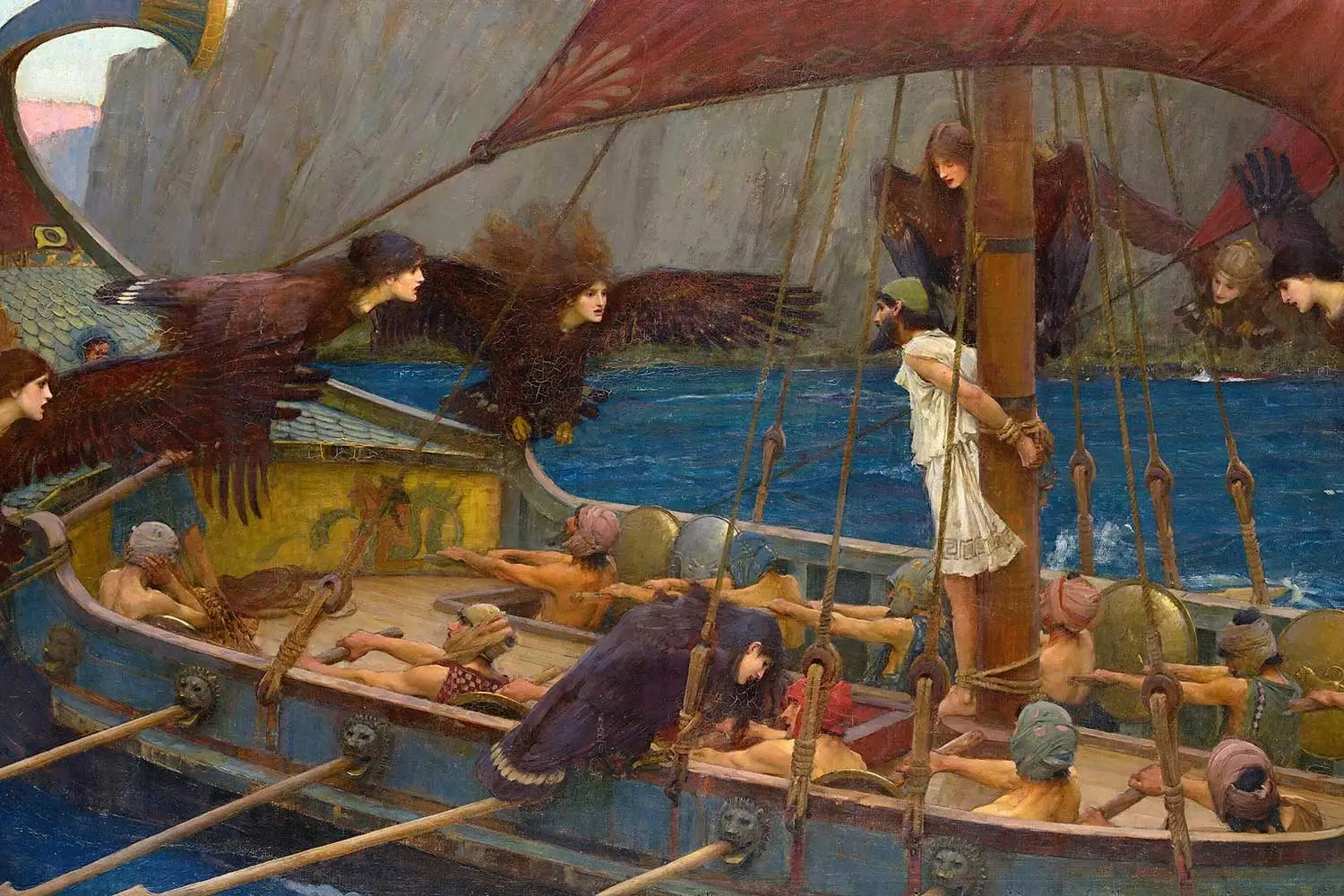 Ulysses tied to the mast while bird-bodied Sirens surround his ship in John William Waterhouse’s 1891 painting