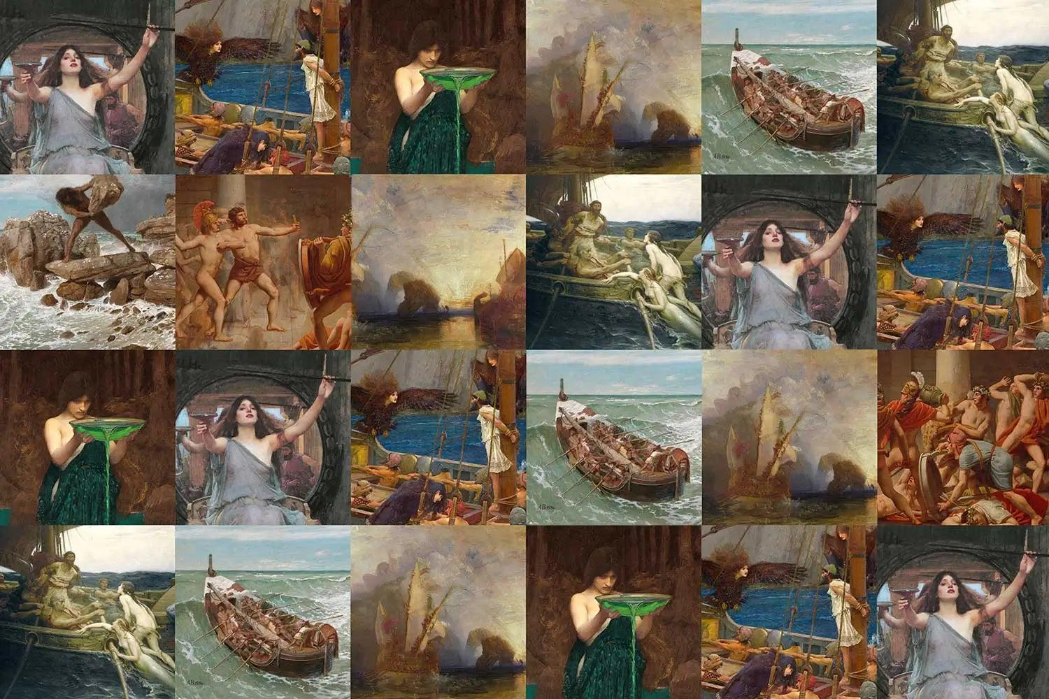 Collage of famous Odyssey artworks featuring Odysseus, Circe, the Sirens, Polyphemus and Penelope across ancient and modern art