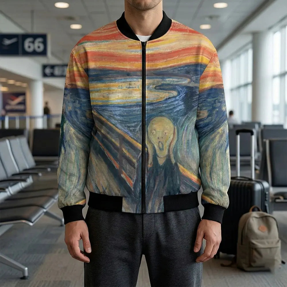 Man wearing an art bomber jacket with an iconic artwork print