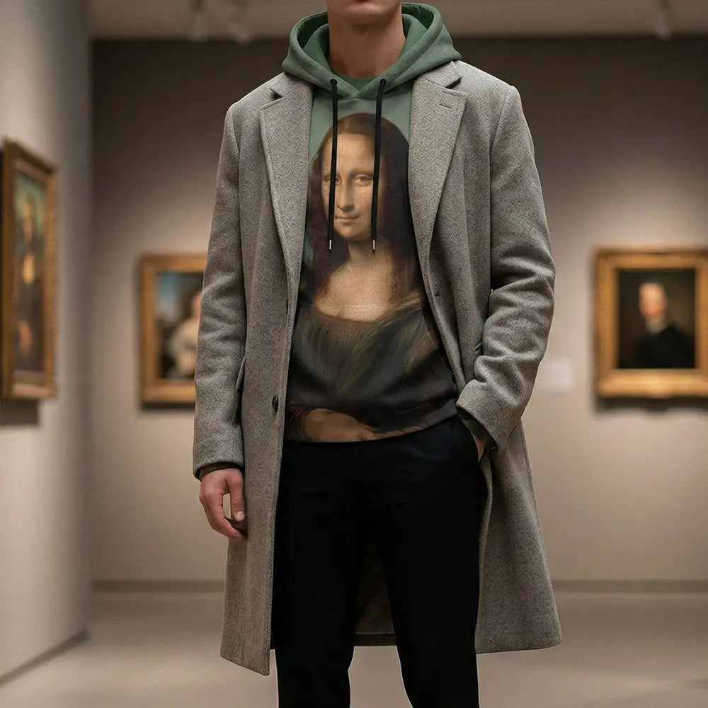 Man wearing an art hoodie with a famous painting print