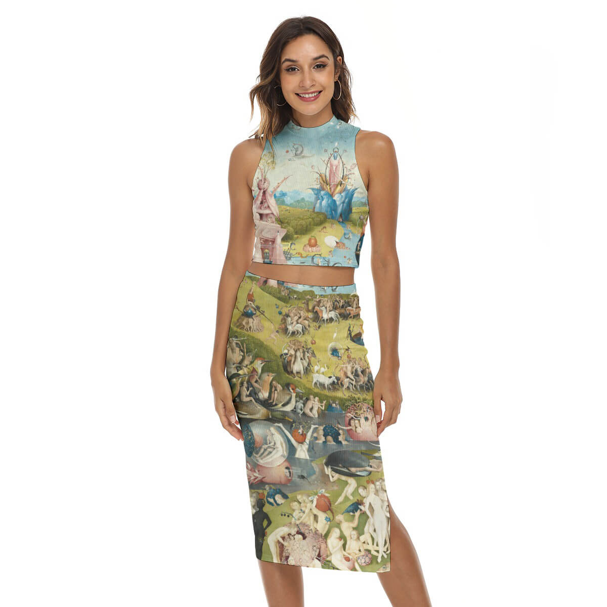 Conjunto de top y falda El jardín de las delicias de El Bosco vista frontal del modelo
