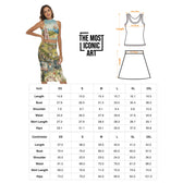 Tabla de tallas para el conjunto de top y falda de El Bosco en XS-2XL con largo del top, busto, hombros, cintura, largo de la falda y caderas