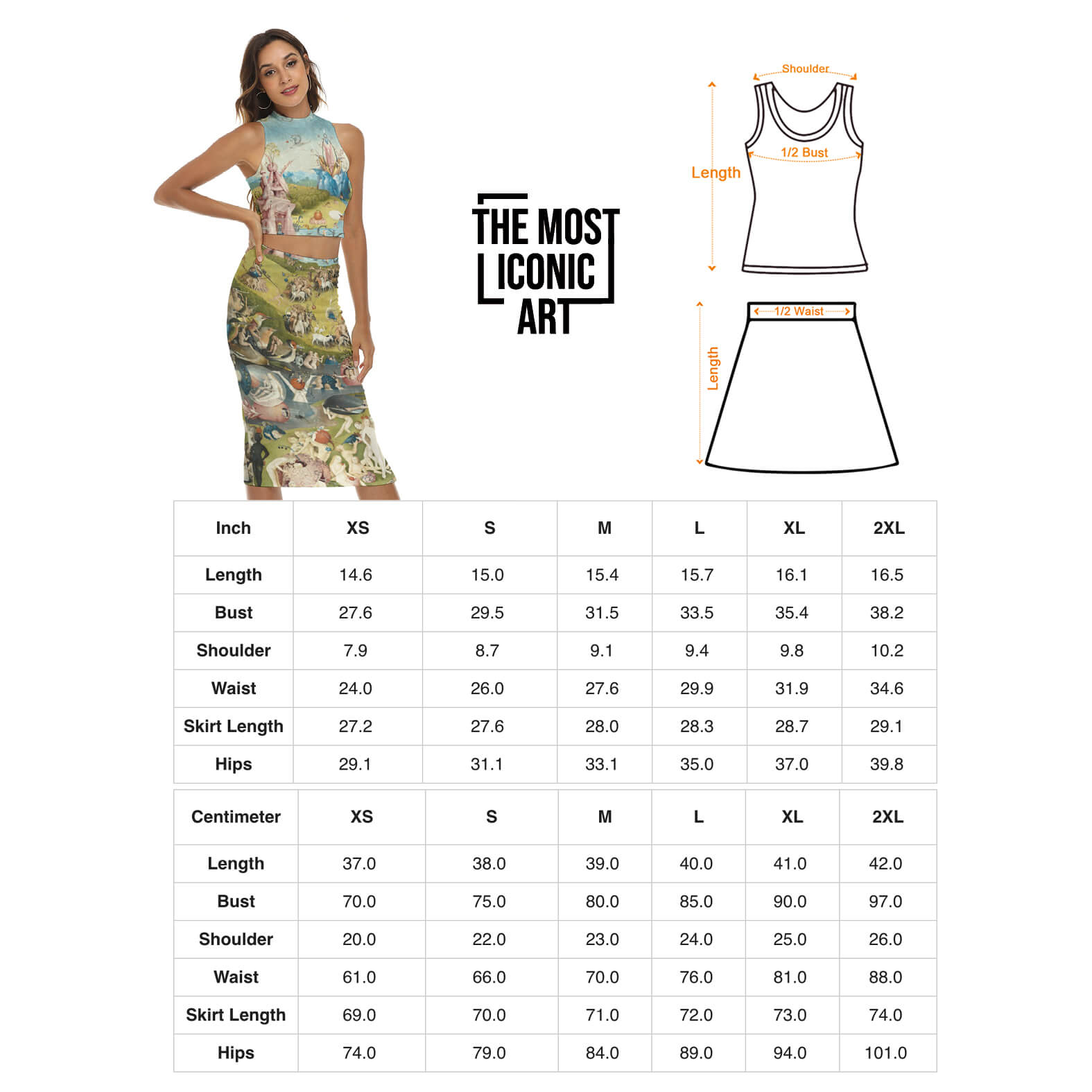 Tabla de tallas para el conjunto de top y falda de El Bosco en XS-2XL con largo del top, busto, hombros, cintura, largo de la falda y caderas