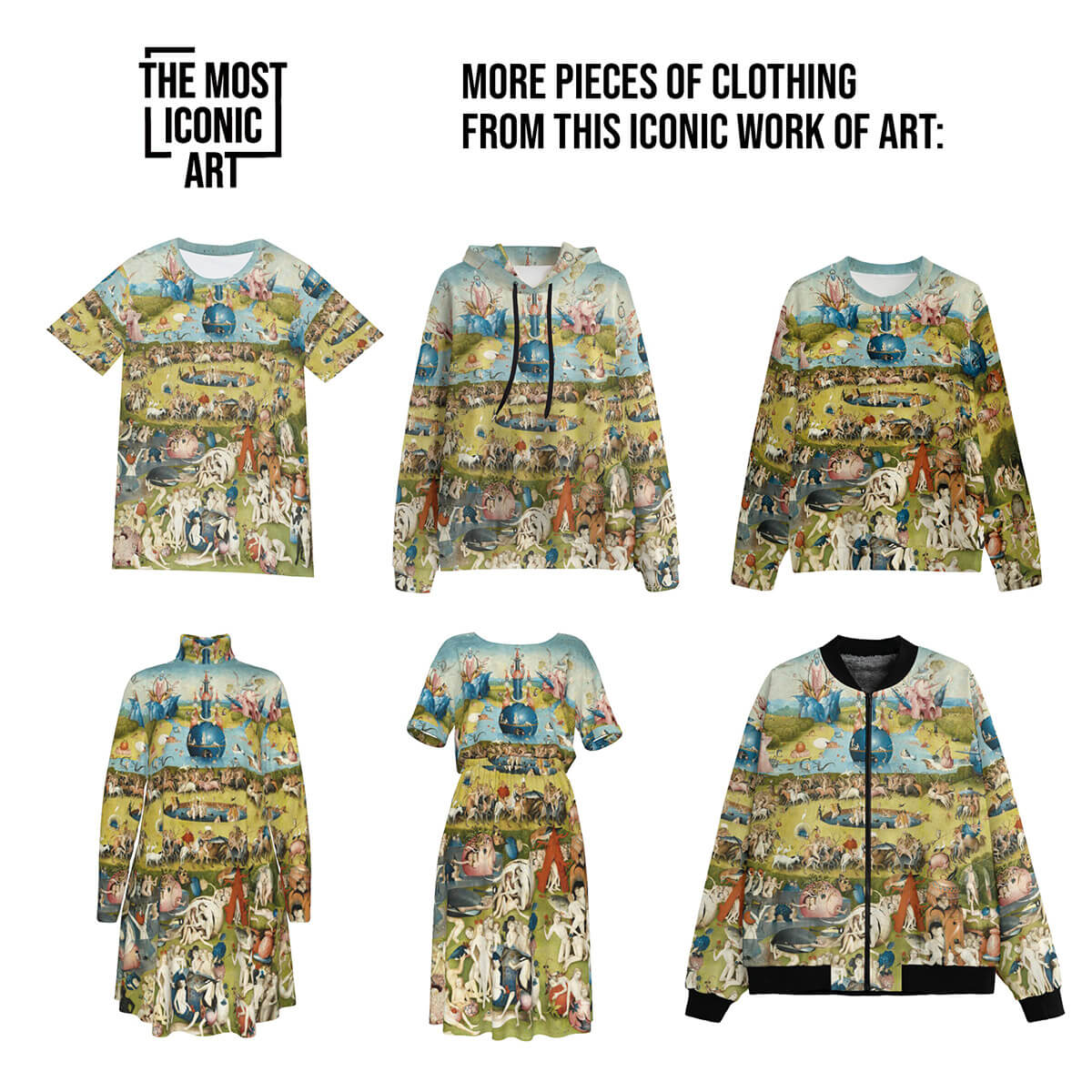 Collage de seis productos de ropa El jardín de las delicias que incluye camiseta, sudadera con capucha, tops, vestidos y chaqueta
