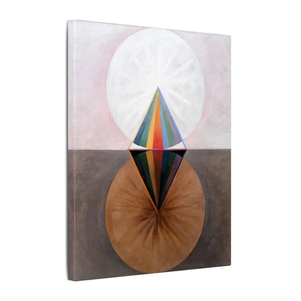 The Swan by Hilma af Klint printed canvas showing white and brown circular forms with a colorful geometric center