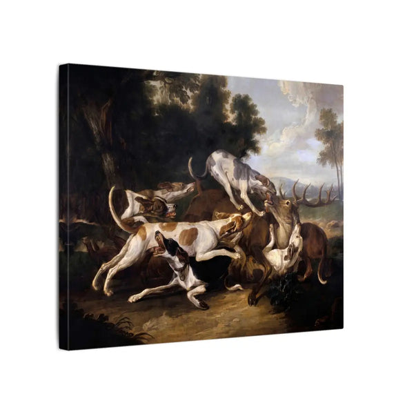 Hunting Dogs Finishing a Deer by Jean-Baptiste Oudry stretched canvas showing hounds attacking a deer in a dark woodland scene