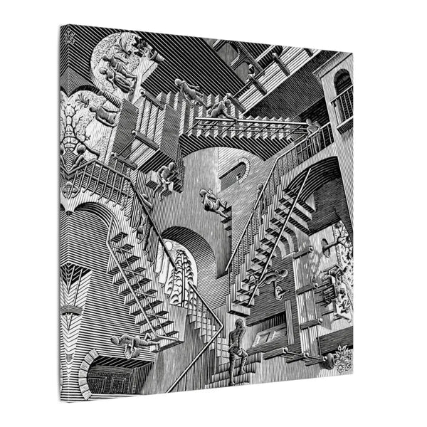 M.C. Escher Relativity canvas print showing impossible architecture with gravity-defying stairs and figures